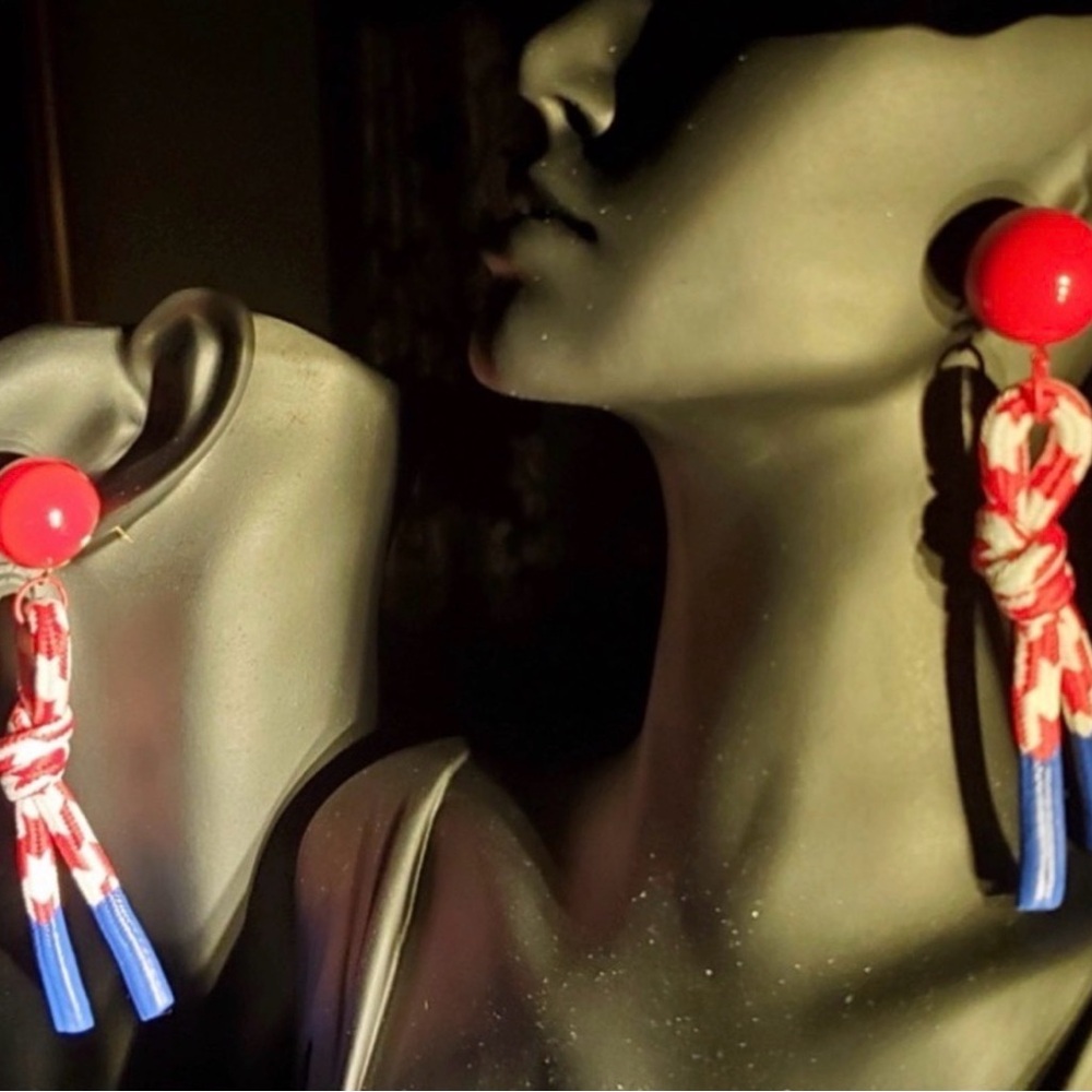 Patriotic Red Knot Drop Earrings with Blue Tassels